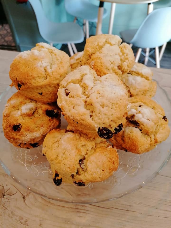 Fresh fruit scones on a cake stand